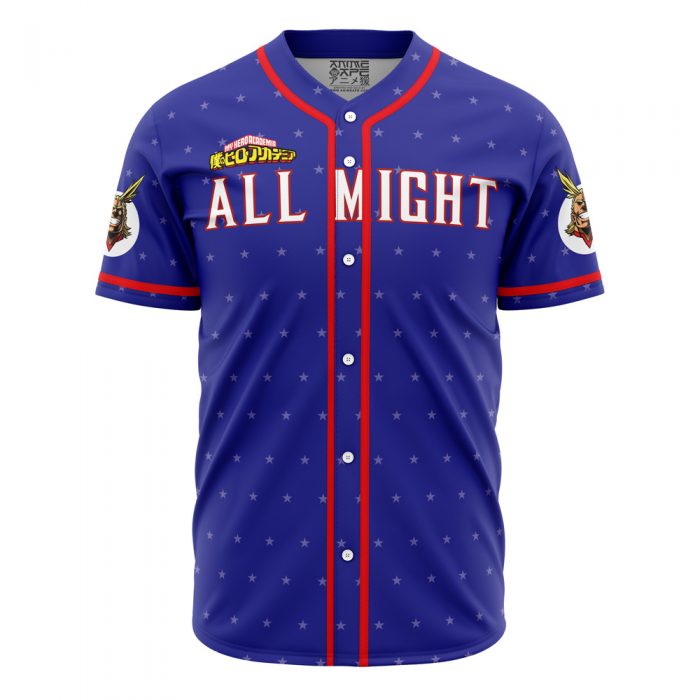All Might MHA AOP Baseball Jersey FRONT Mockup - My Hero Academia Store