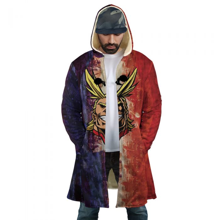 Trippy All Might MHA AOP Hooded Cloak Coat FRONT Mockup 1 - My Hero Academia Store